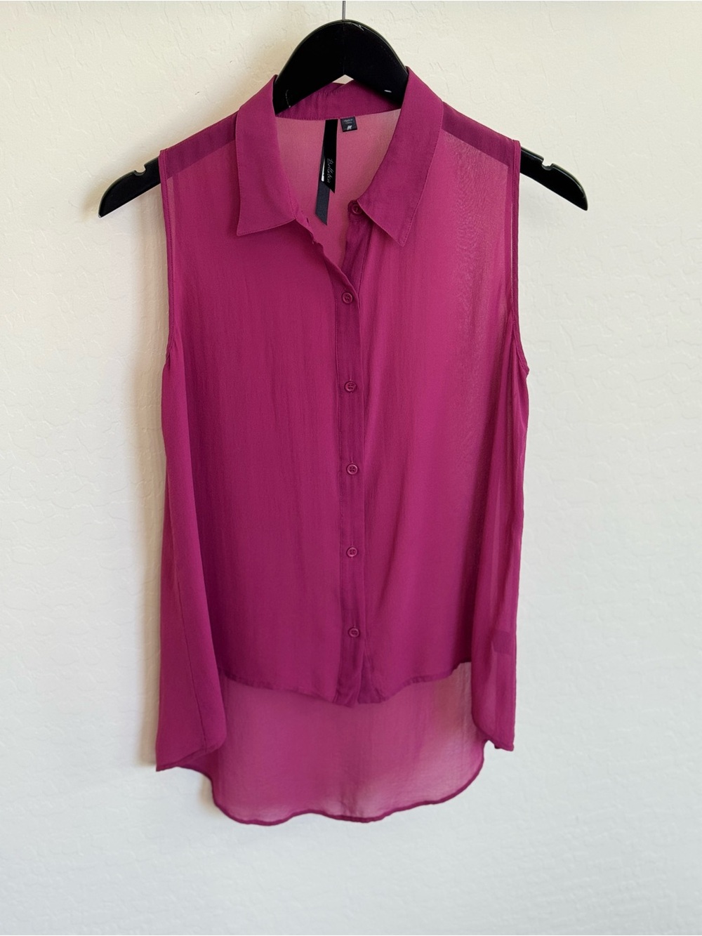 Bellatrix 100% SILK Fuchsia Pink Sheer Sleeveless High-Low Button-Up Blouse MED